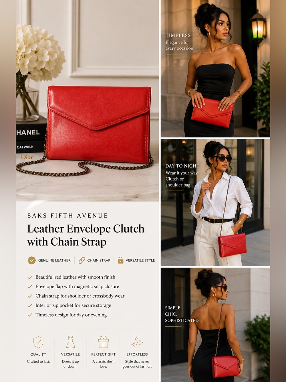 ✨ Saks Fifth Avenue Red Leather Envelope Clutch | Chain Strap | Evening Bag ✨